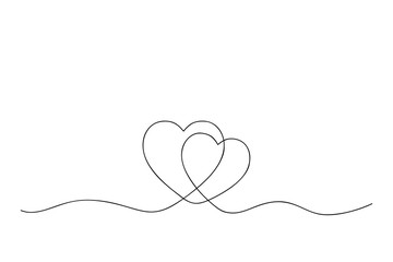 One continuous line illustration of two hearts. Concept of love. Vector.