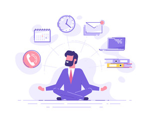 Business man practicing mindfulness meditation with office icons on the background. Multitasking and time management concept. Vector illustration.