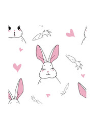 Vector seamless pattern with cute rabbits, carrots and hearts