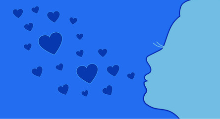 Silhouette of a girl sending air kisses of blue hearts shape, romantic banner with 3D paper cut effect. Valentine's Day, romance and love concept vector illustration.