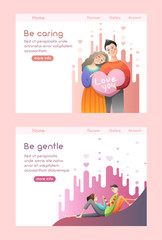 Lovely couple hold big heart and hug each other. Love and relationship concept. Wedding invitation card. Vector web site design template. Landing page website illustration