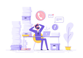 Tired and exasperated office worker is grabbed his head among piles of papers and documents. Stress in the office. Rush work. Modern vector illustration.