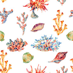 Watercolor vintage sea shells seamless pattern. Natural texture
