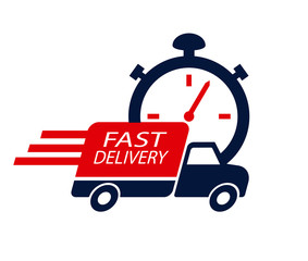 Fast delivery icon design element vector. Truck and timer illustration. Speed shipping concept.