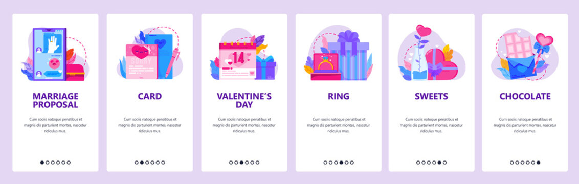 Marriage proposal online in messages. Valentine day gifts. Sweets, chocolate. Mobile app onboarding screens. Vector banner template for website and mobile development. Web site design illustration