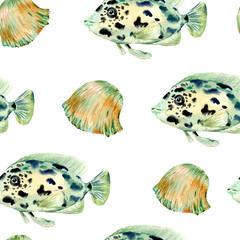 Watercolor vintage sea life natural seamless pattern, underwater  texture, fish