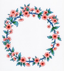 Hand drawn coloured flower circle frame. Floral garland. Botanical illustration element for decoration. Blue,Red,Green.