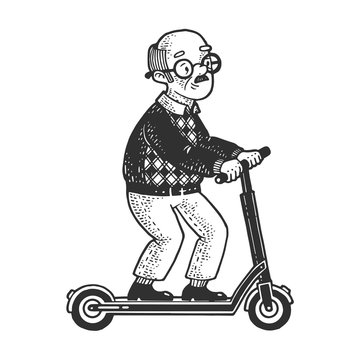 Old man grandfather rides on electric Kick scooter sketch engraving vector illustration. T-shirt apparel print design. Scratch board imitation. Black and white hand drawn image.