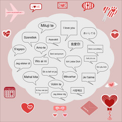 Say I love you in many languages.Love word cloud in many languages.Text box of 
