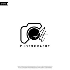 Initial Letter AT with camera. Logo photography simple luxury vector.