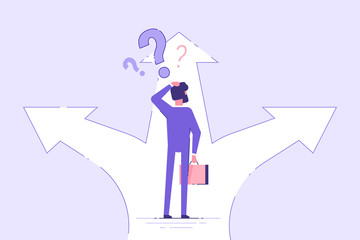 Businessman standing on a crossroad and choosing direction. Business concept. Modern vector illustration.