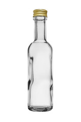 An empty bottle of clear, colorless glass covered with a metal lid. Isolated on a white background