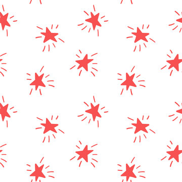 Hand drawn red stars texture. Abstract seamless pattern. Can be used in textile industry, paper, background, scrapbooking. Bright fun seamless repeat design. Independence day.