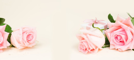 Pink blooming roses on wood