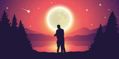 Obraz premium couple looks to the full moon and falling stars at beautiful lake vector illustration EPS10
