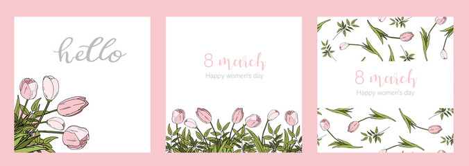 Set of greeting cards. Happy International Women's Day 8 March. Greeting card template with realistic beautiful blooming tulips pink colors, green leaves on white background.