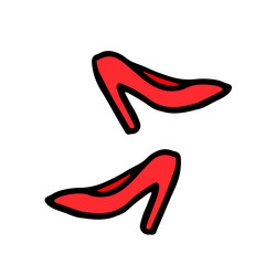 Red shoes with stiletto heel icon in doodle style isolated on white background. hand draw doodle illustration.