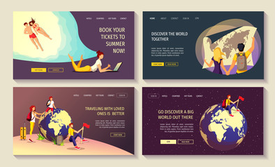 Set of web pages for discovery, World Tourism Day, travel agency. People with globe or world map and sunbathing couple. Vector illustration for banner, poster, website, commercial, advertisement.