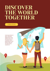 Banner or poster for discovery, World Tourism Day, travel agency. Couple holding a world map. A4 Vector illustration for poster, banner, card, commercial, advertisement, cover.