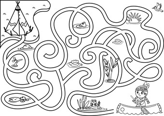 Obraz premium Can you help the native girl to find the village? Vector puzzle game for kids. Native American Girl maze Game For Kids. Black and white. Vector illustration.