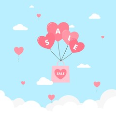 Fototapeta na wymiar Sweet valentine’s sale poster with pink shopping and heart balloon on blue sky background for e-commerce