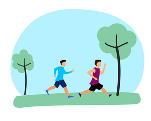 People male cartoon characters running, roller vector flat isolated illustration.