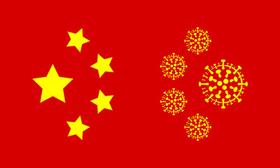 Coronavirus virus cells and chinese ensign stars symbol on a red background. Fight and confrontation concept. Country and Nation Against Deadly Virus.