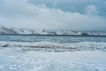 frozen waves on Kleifarvatn lake in Iceland Rekjanes Peninsula