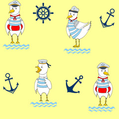 Seamless funny cute seagull cartoon illustration. The design concept for children. Notebooks, labels, diary, accessories-school.