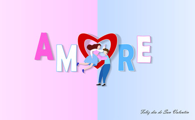Amore alphabet with red hearts on a pink background and blue Spanish characters (Happy Valentine's Day) with young couple lovely  Postcards or banners, fashion vector images