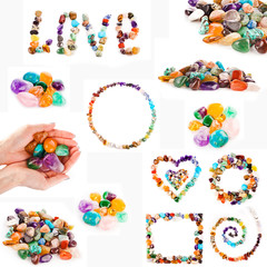 Collection of colorful semiprecious gemstones isolated on a white background.