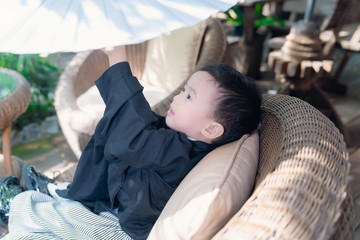 asian little boy Wearing yukata in graden