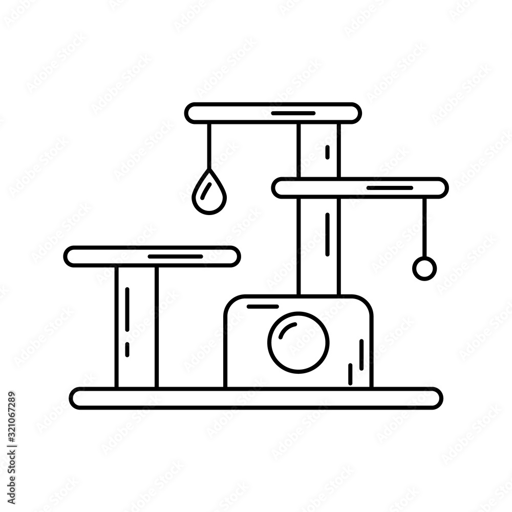 Poster game complex for cats icon. thin line art logo of scratching post with bench and home with round ent