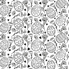 Black and white hand-drawn pattern with easter eggs, flowers and hearts. Background coloring for children. Seamless Easter vector pattern in doodle style.