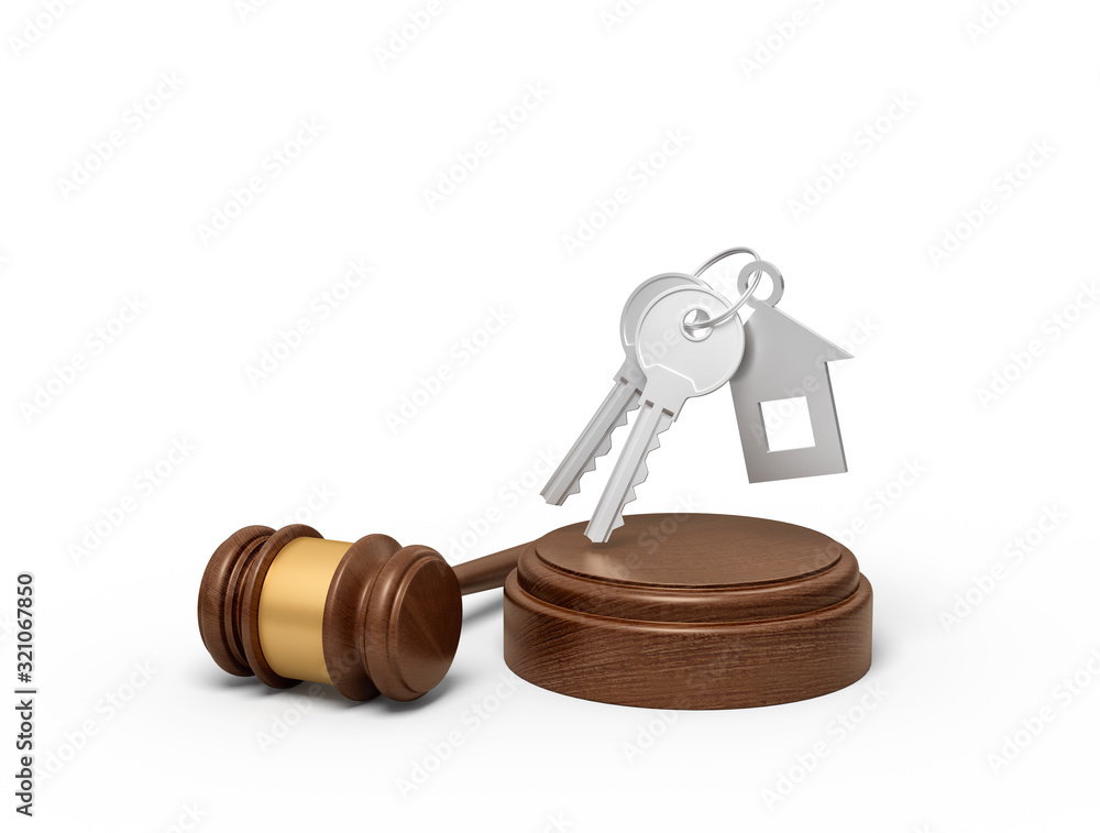 Poster 3d rendering of grey keys with house-shaped fob levitating in air above wooden sounding block with g