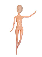 Naked female doll with movable joints isolated on a white background.
