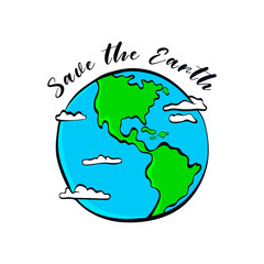 Save our planet earth, ecology eco environmental protection, climate changes, Earth Day April 22, planet with ribbon and typing vector emblem or illustration isolated over white background. 
