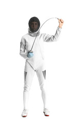 Young female fencer on white background