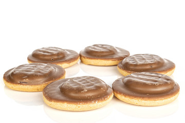 Group of six whole sweet chocolate biscuit isolated on white background