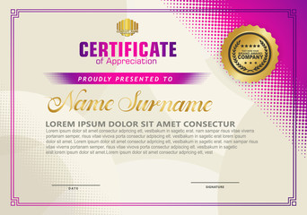 Modern certificate template with diagonal halftone ornament on background. vector illustration