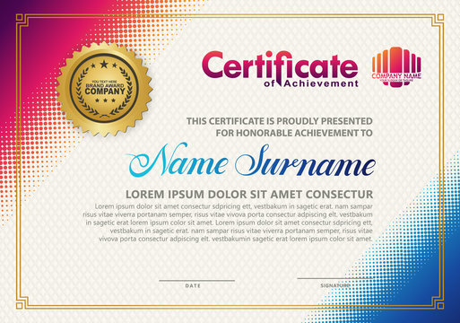 Modern certificate template with diagonal halftone ornament on background. vector illustration