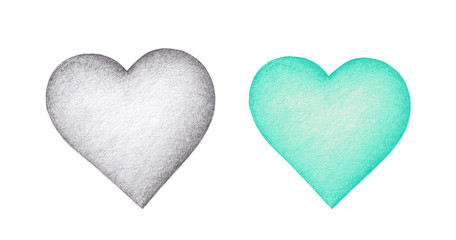 Set of two Isolated Hand drawn Pencil drawing black and white and turquoise simple hearts on a white background. Cute elements for for design, greeting card, banner.