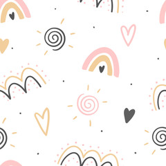 Hand drawn decorative abstract kids seamless pattern for print, textile, apparel design. Modern cute girly background.