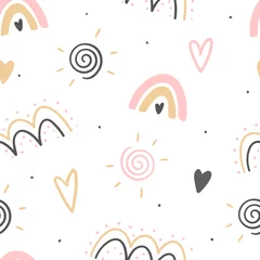 Wallpaper murals Rainbow Hand drawn decorative abstract kids seamless pattern for print, textile, apparel design. Modern cute girly background.