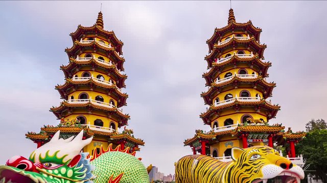 4k Time lapse of Tourists visiting Dragon and Tiger Pagodas in Kaohsiung City,Taiwan