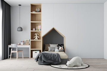Interior Kids Bedroom Wall Mockup -  3d Rendering, 3d Illustration