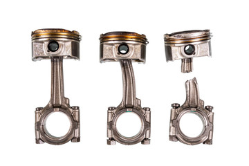 Piston and connecting rod  damage isolated on white background  with clipping path