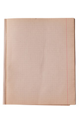 Old yellowed squared notebook on a white background