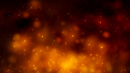 Abstract flame of fire with sparks orange smoke. Fantasy holiday background. Digital fractal art.Burning embers glowing flying away particles over black background.