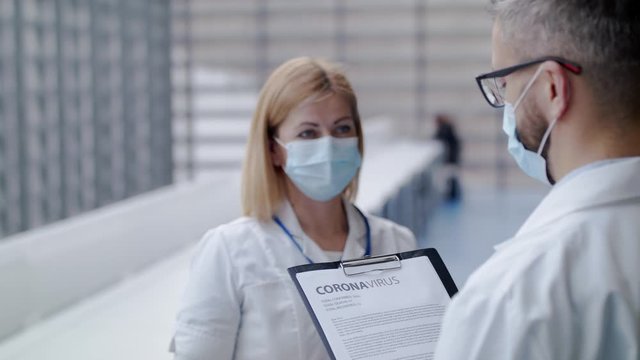 Doctors with face mask and samples, corona virus concept.